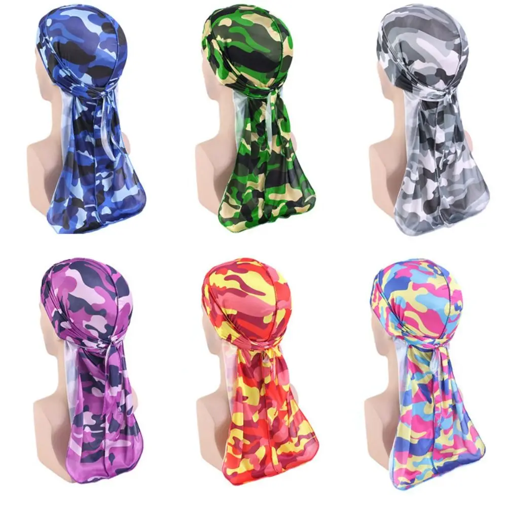 Multicolor Silk Camouflage Durag Sport Headband Long Tailed Braids Hip Hop Cloak Hat Cosplay Elasticity Elastic Hood Men Women