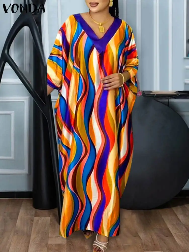 Plus Size Women Dress 2024 Bohemian Printed Party Maxi Long Sundress VONDA Sexy Half Sleeve Dress Casual Loose Robe Vestidos