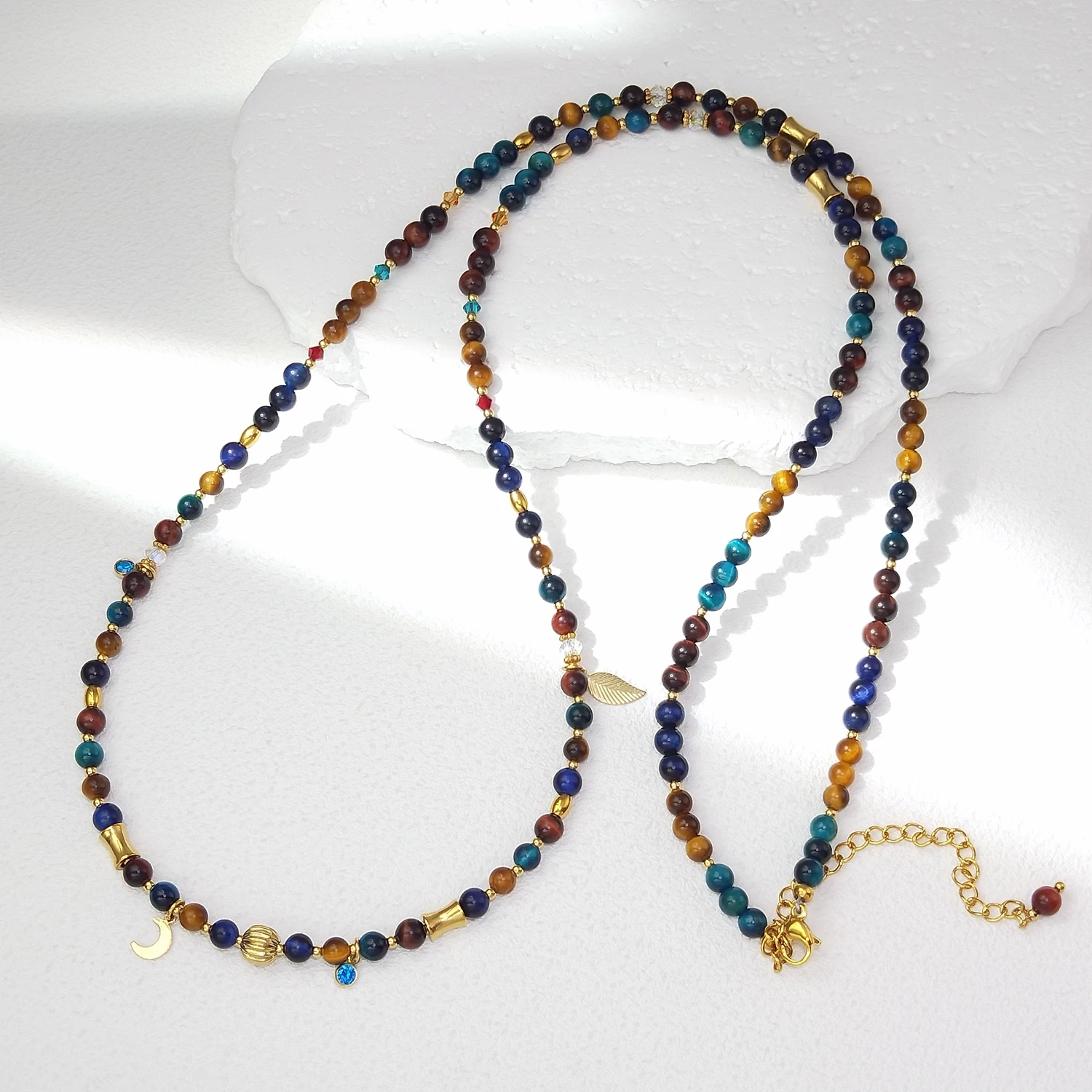 Lii Ji  3-4mm Multi Color Tiger's Eye Beads Stainless Steel Gold Plated Waist Chain 76+8cm Natural Stone Handmade Jewelry
