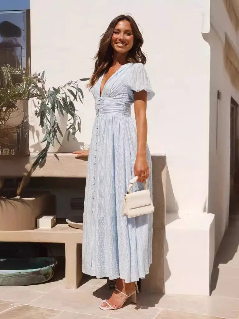 Slimming Long V-Neck Dress Women's Fashionable Commute Style mid Waist H-Shape Cotton Bubble Sleeve Short Sleeve Dress