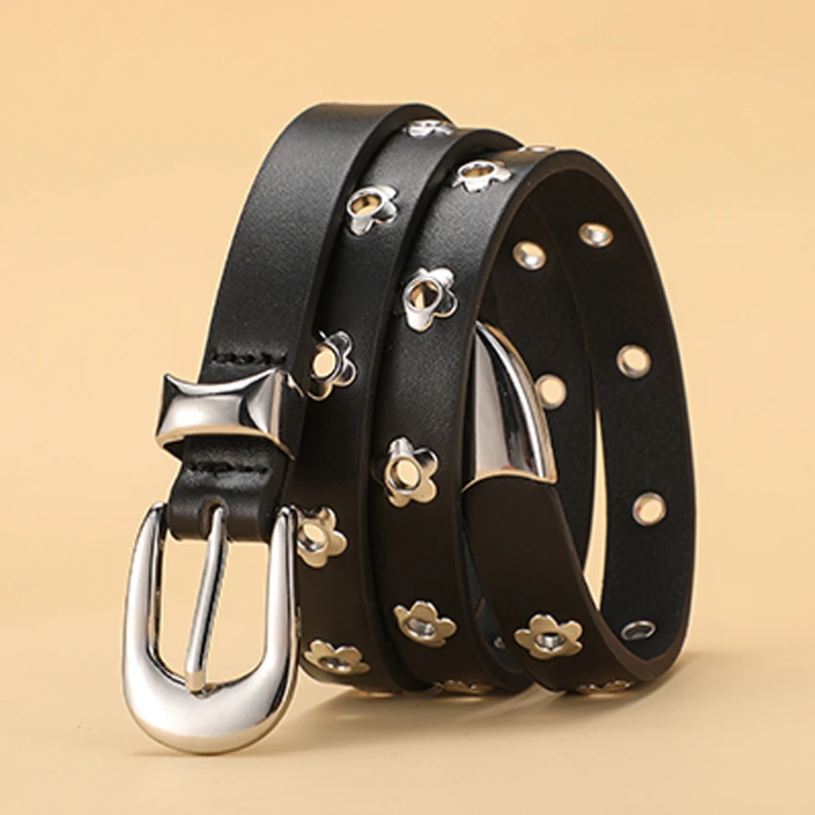 Classic Pu Material Black Belt Retro Hollow Women's Belt Punk Y2K Style Versatile Casual Decoration belt