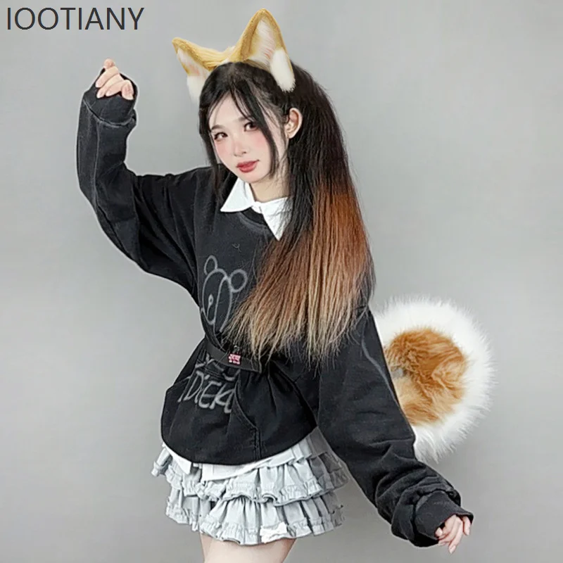 Iootiany orelhas de cachorro de pelúcia bandana cauda peluda anime exposição festa cosplay adereços halloween bonito animal filhote de cachorro orelhas cocar cauda