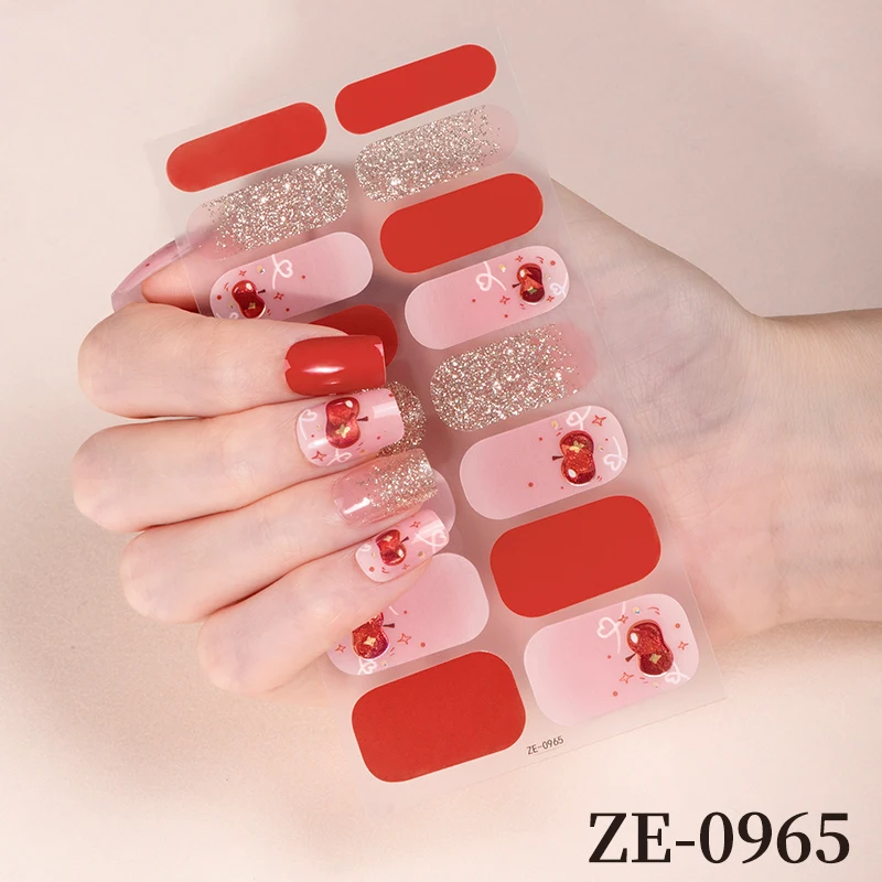 16Tips Shining Flowers Bow Full Cover Nail Polish Strips New Years Adhesive Nail Wraps Manicure Decoration Nail Sticker
