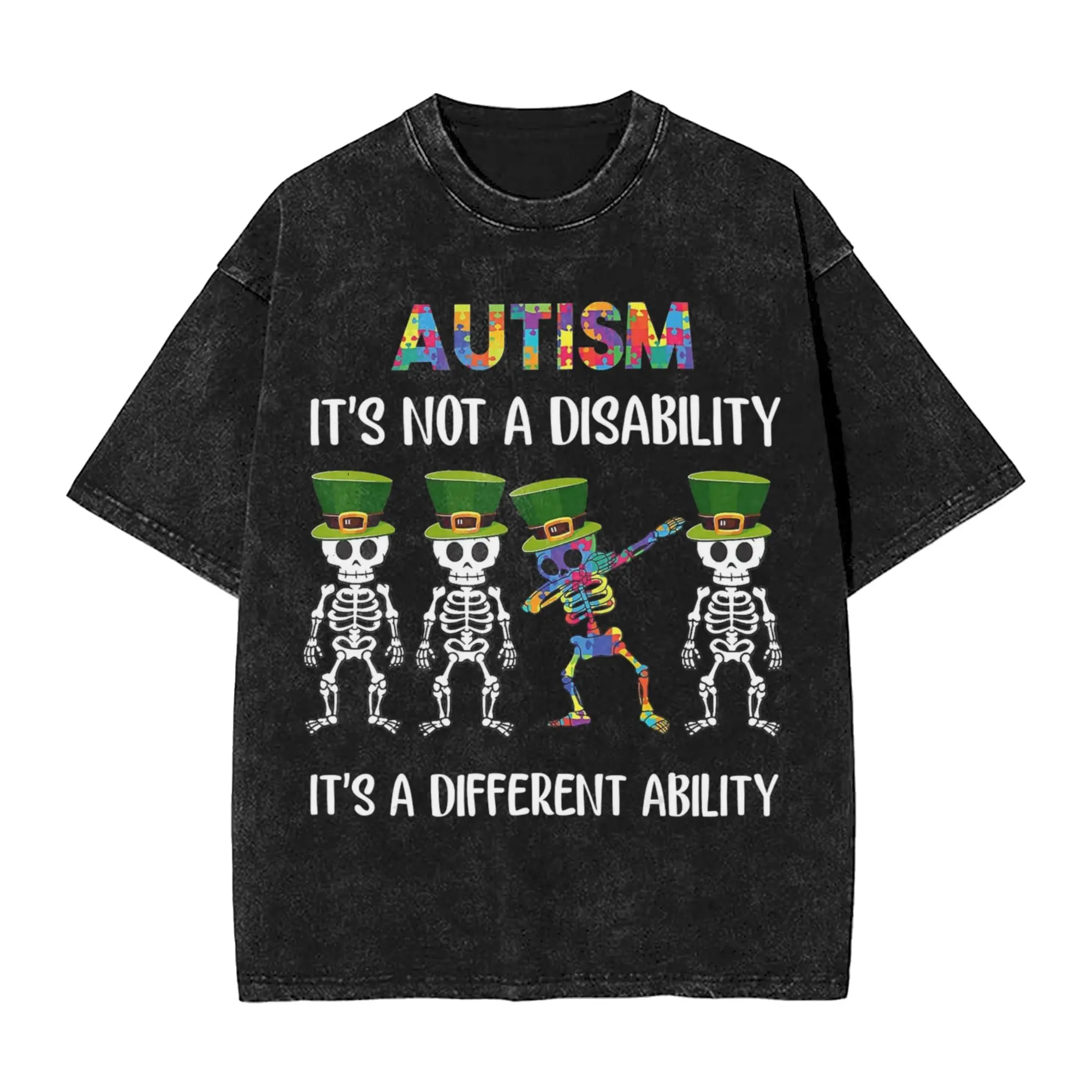 Washed T Shirt Autism Its Not A Disability Dabbing Skeleton Patricks Day Hip Hop T-Shirts Street  Streetwear Cotton Tees Men