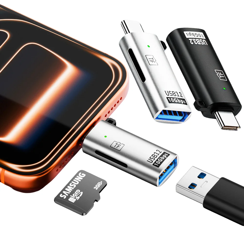 2‑in‑1 Type‑C OTG Adapter 10Gbps USB3.2, Type‑C Male to USB‑A Female with TF Memory Card Reader Slot for Smartphone PC Tablet