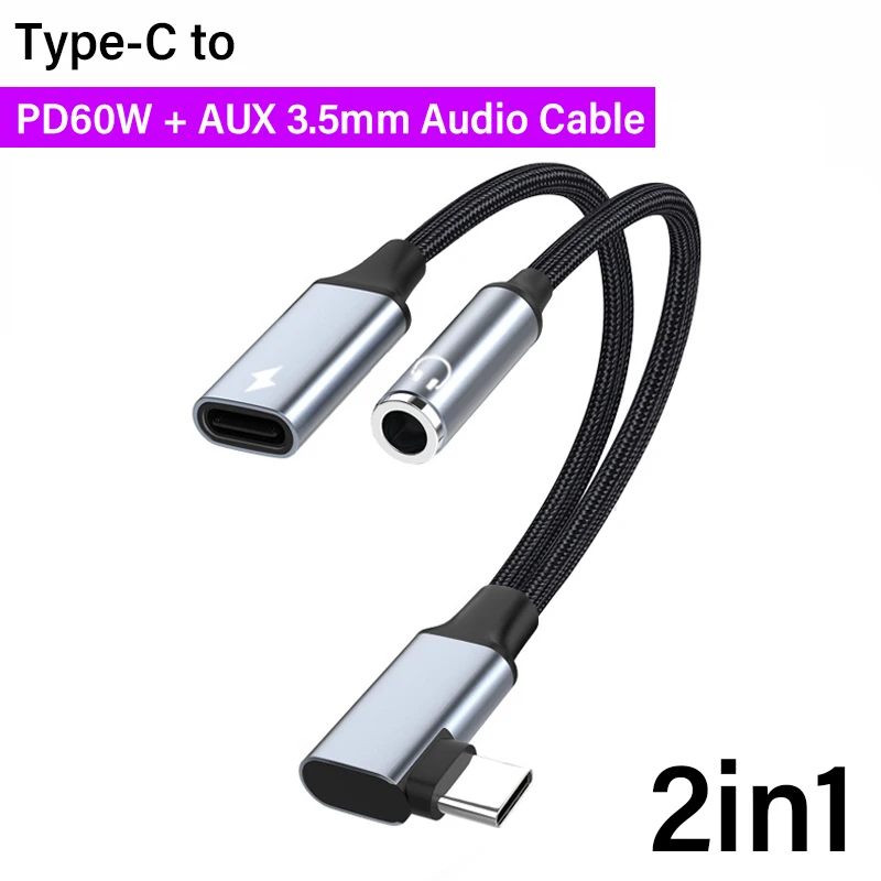 2in1 USB C to AUX 3.5mm Audio Cable PD60W Fast Charging Cable Type C to 3.5mm Aux Cable for Xiaomi Redmi Huawei Samsung Earphone