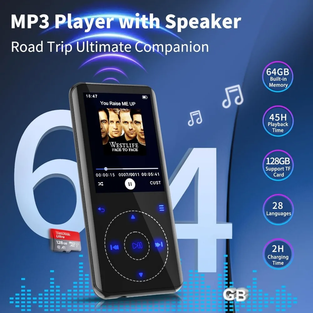 Reproductor de MP3 de 64 GB con Bluetooth 5,3, pantalla de 2,4", FM, grabación de voz, compatible con micro SD de 128 GB ‌