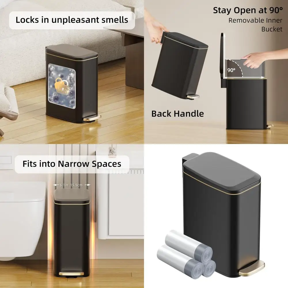 

Тонкий мусорный бак на 6 л с мягкой крышкой и дизайном из нержавеющей стали для компактных ванных комнат