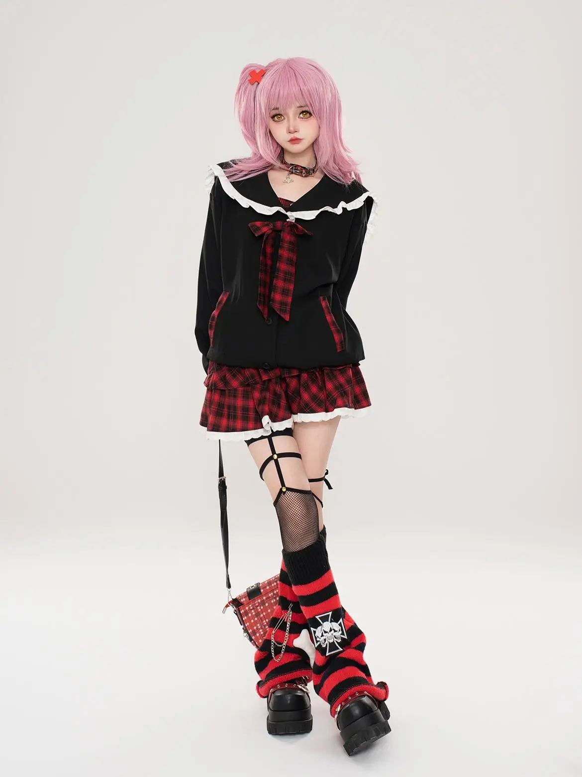 Japanse subcultuur high street punk stijl zoet cool meisje Y2K rokken elastische hoge taille kant splitsen rode geruite taart rok vrouw