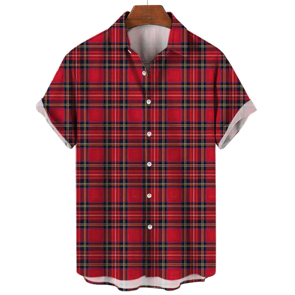 Men's Plaid Shirt Short Sleeve T-shirt 3d Striped Print New Casual Social Extra Large Camisa 2024