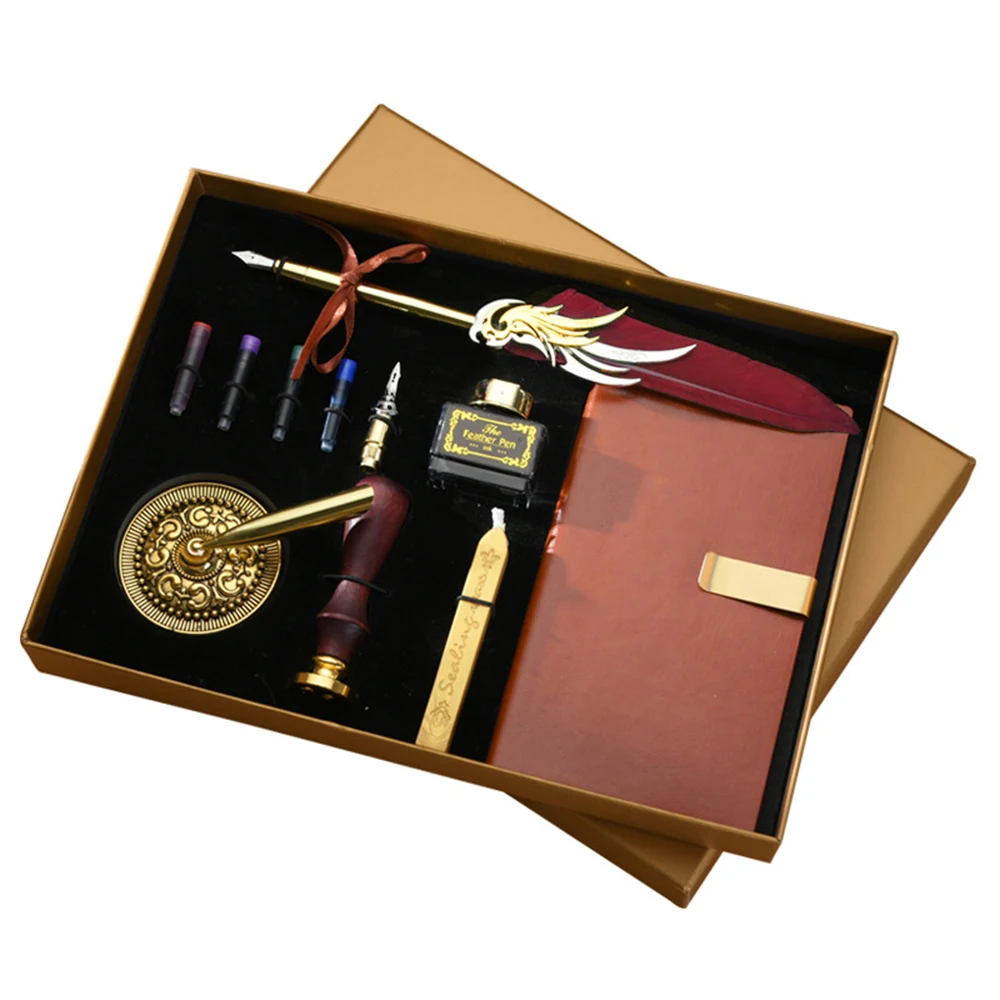 Quill Pen and Ink Set Retro Feather Dip Ink Pen Set Vintage Calligraphy Writing Signature PU Leather Notebook &2 Nibs & Wax Seal
