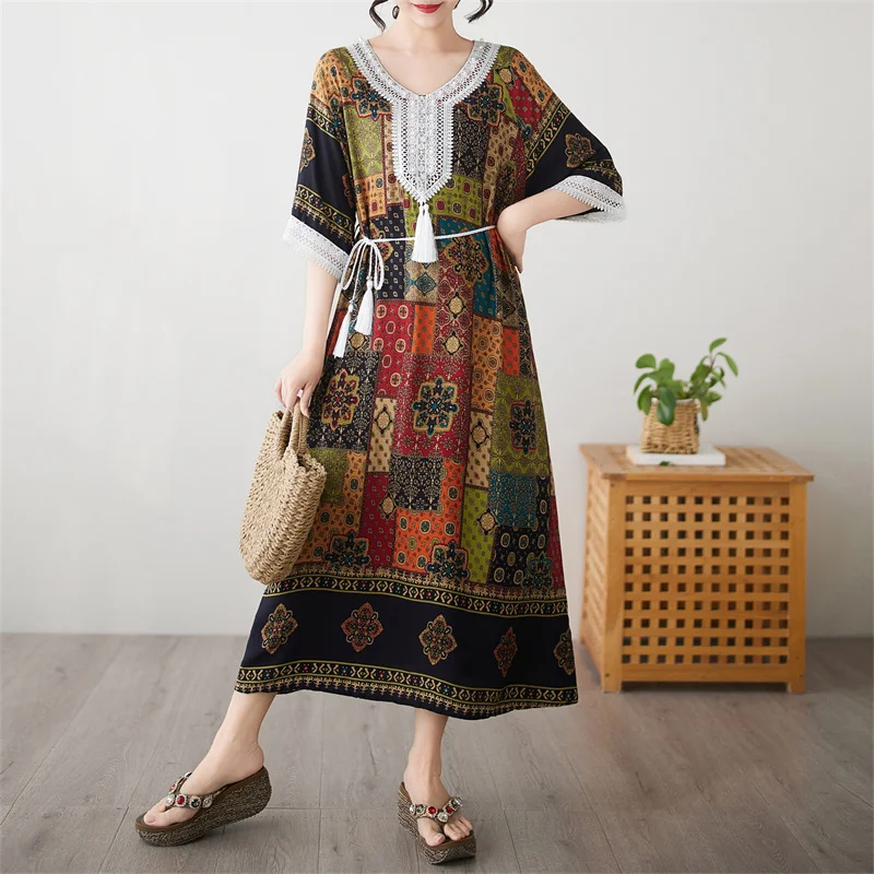 Boho Lace Cotton Linen Plaid Dress Women Robe Casual Vintage Ethnic Style Loose Beach Long Dress Maxi Summer Short Sleeve