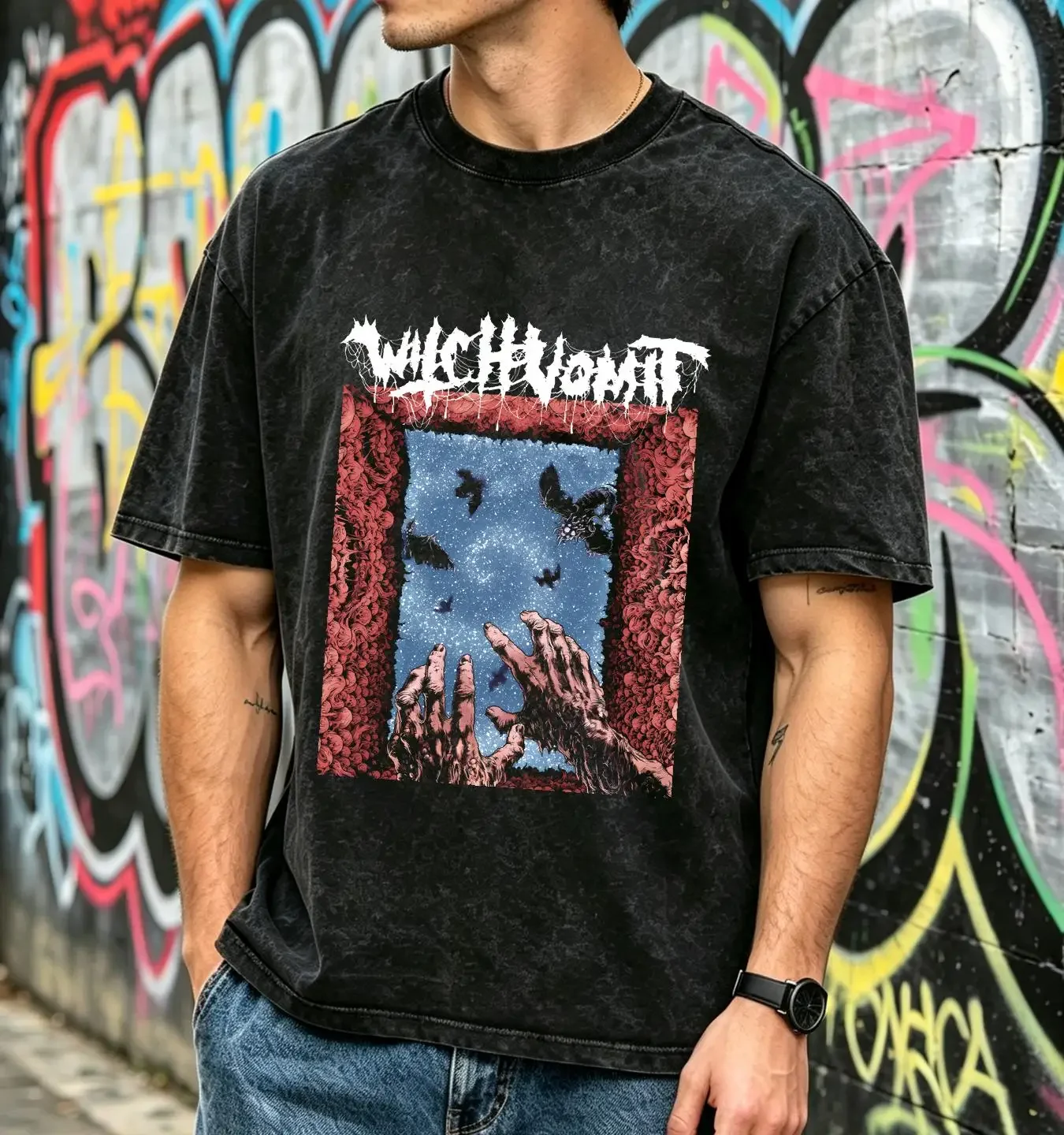 washed T Shirt Witch Vomit 'Poisoned Blood' Remake death metal band TE5647 long sleeves vintage Washed Stylish Slightly