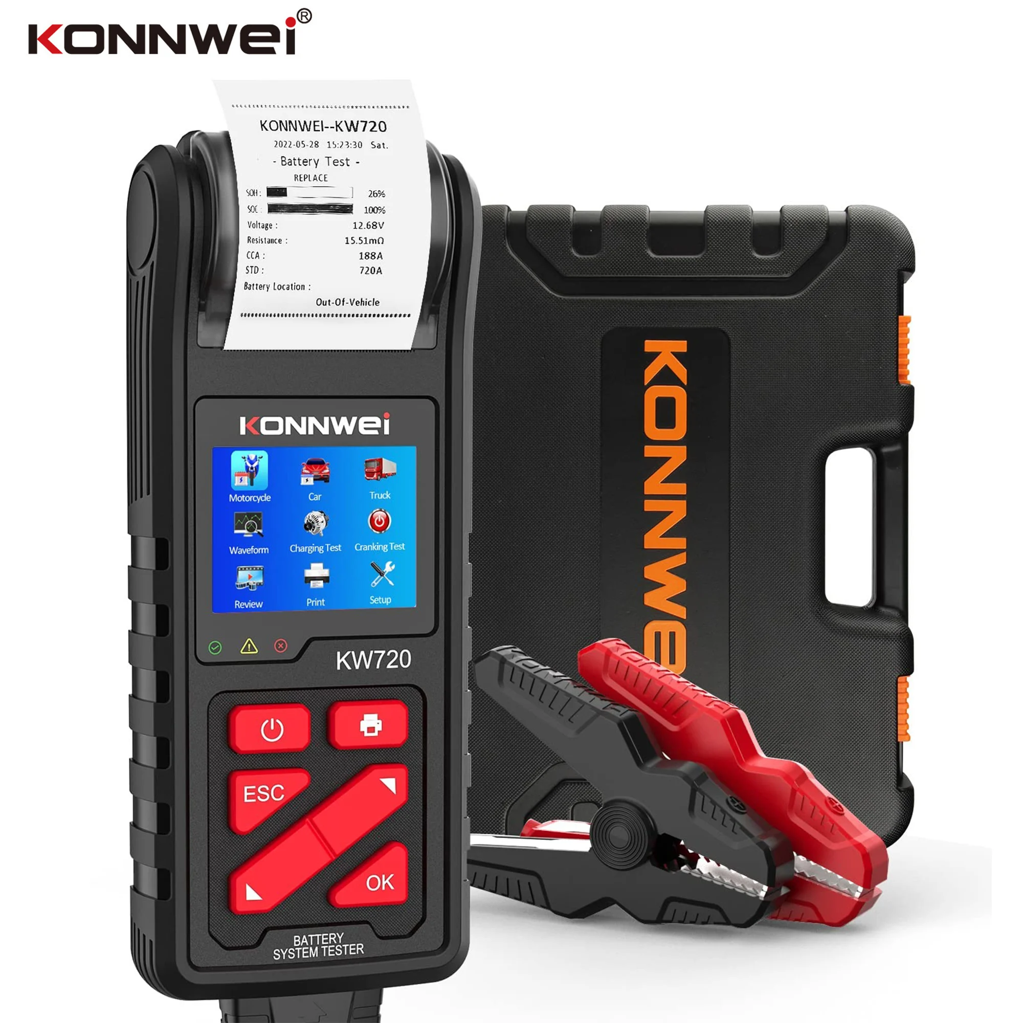 KONNWEI-Testeur de batterie de voiture KW720, 6V, 12V, 24V, imprimante intégrée, moto, camion, testeur de charge, 2000CCA, analyseur de batterie