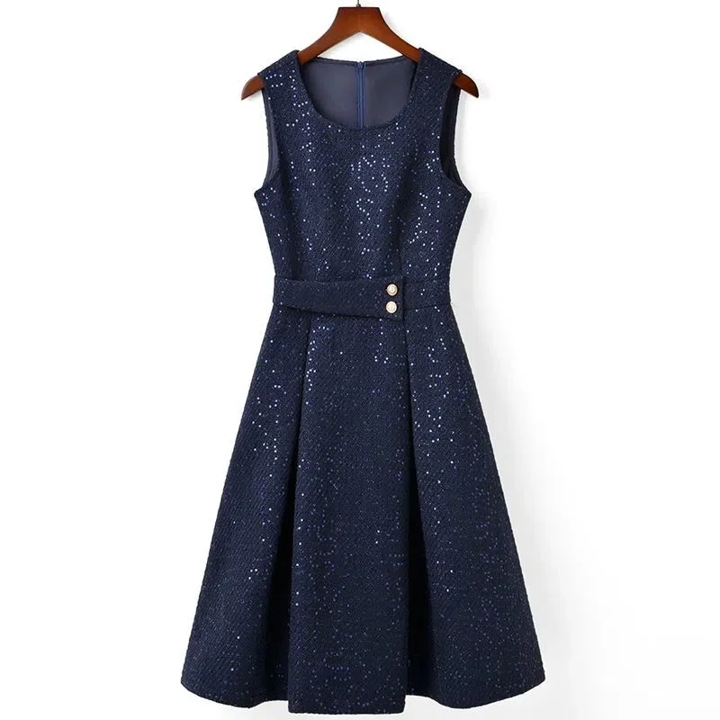 Vestido de lã sem mangas feminino com lantejoulas, vestidos de duas camadas, colete elegante, azul marinho, roupas da moda, outono, inverno, 2022