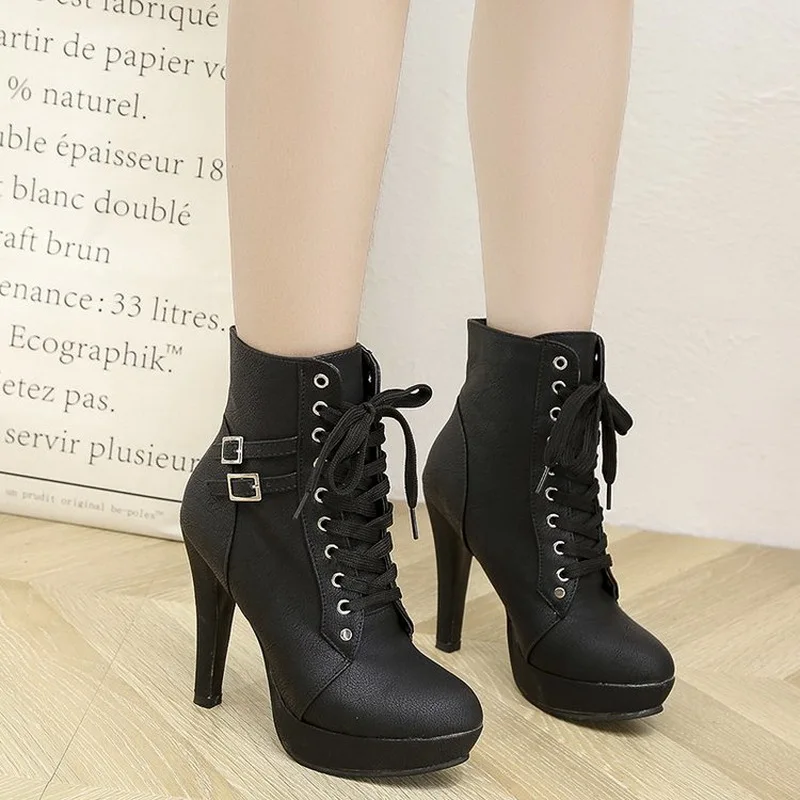 Plus Size Ankle Boots Women Platform High Heels Female Lace up Women\'s Shoes Buckle Woman Short Boot Ladies Footwear