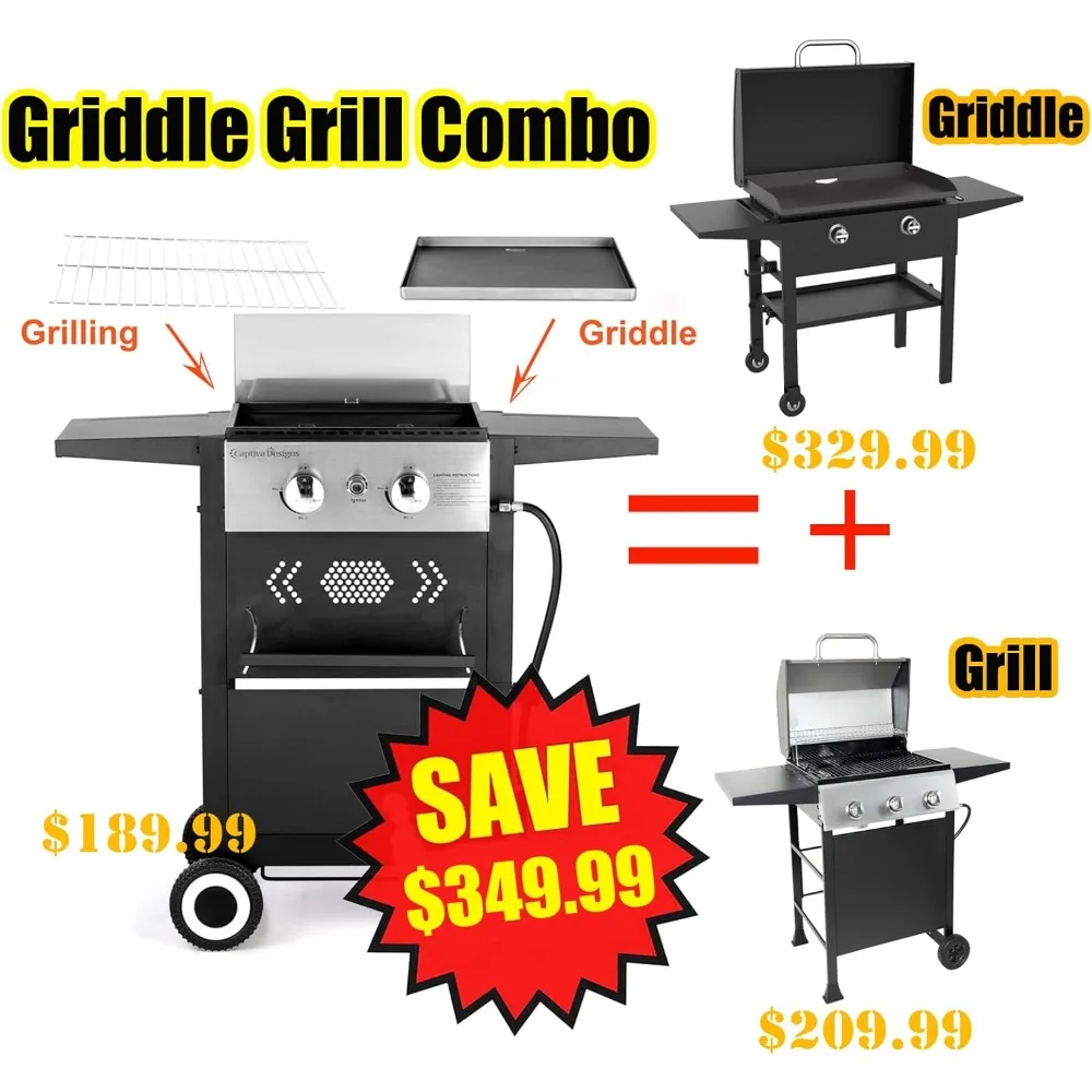 BBQ Grill 2 Burner Griddle Grill Combo, 2 in 1 Propane Gas BBQ Grill w/Cast Iron Plate, 20,000 BTU Output Small Propane Barbecue