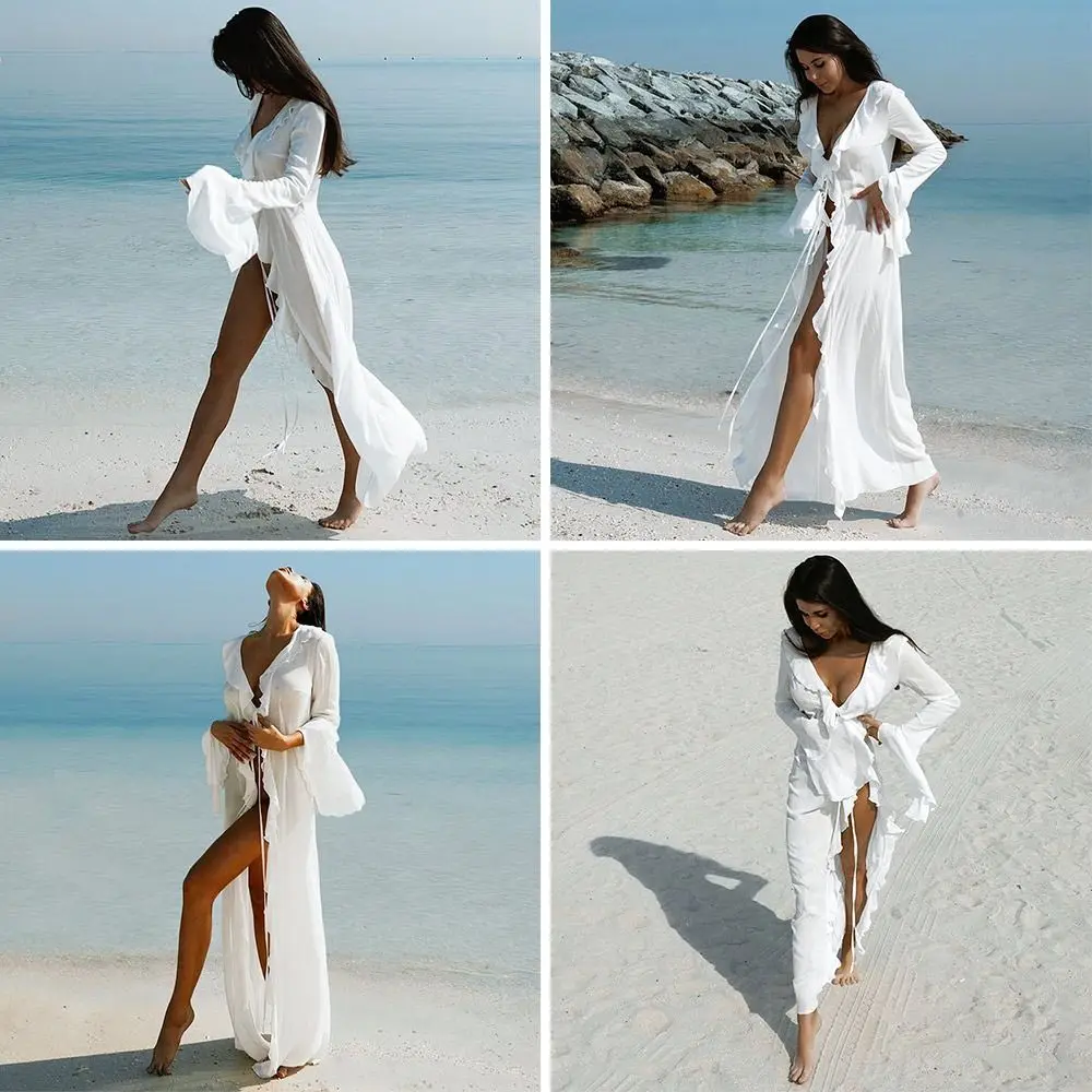 Fashion V Neck Summer Beach Cover Up Long Sleeve Loose Beach Dress Casual Ruffled Swimsuit Cover Up Dress for Women