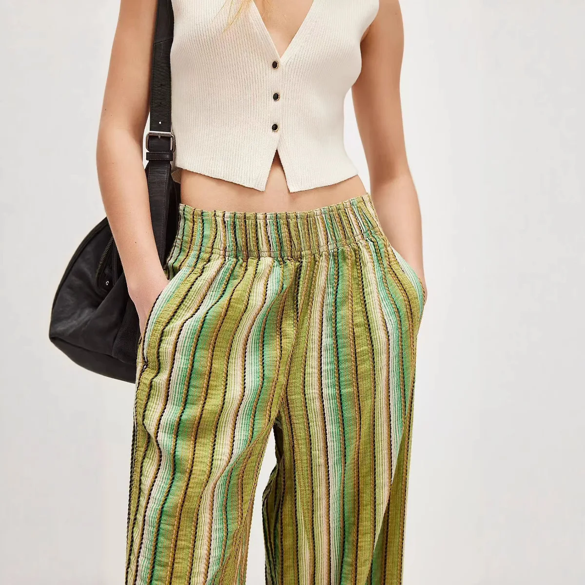 

Женские широкие брюки в полоску в стиле бохо, струящиеся брюки с эластичной талией, повседневные летние брюки для пляжного отдыха