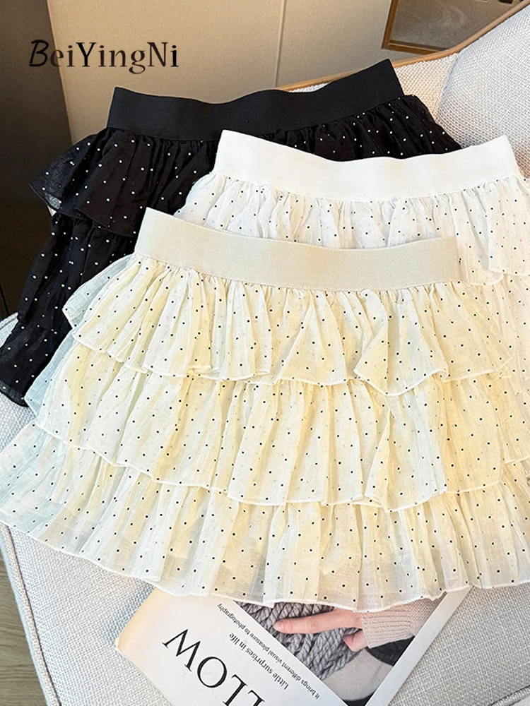 Beiyingni Summer Korean Sweet Tutu Skirts Women Dots Printed Kawaii Short A-line Skirt Female Vacation High Waist White Skirt
