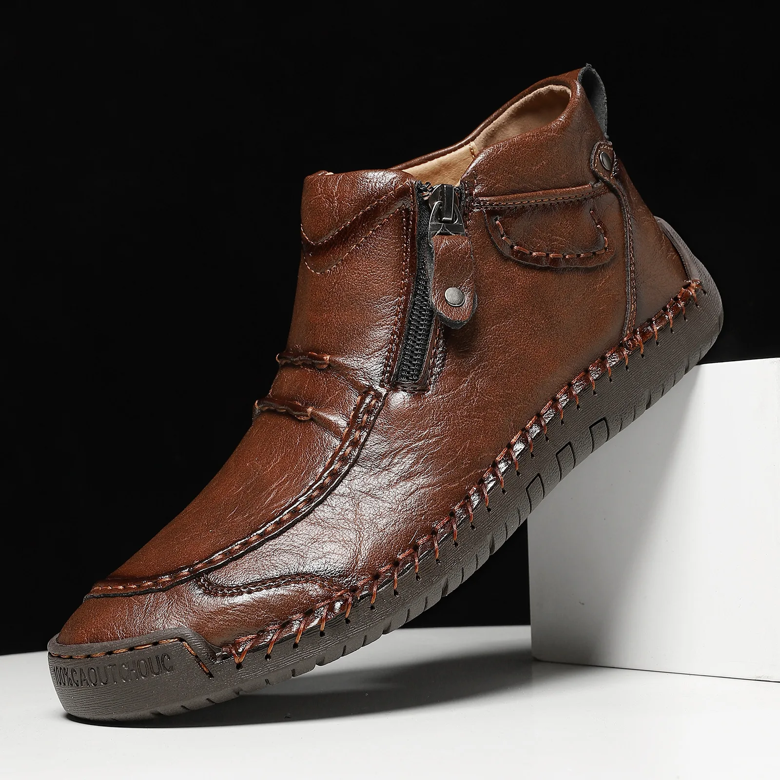 

Plus Size Men's Leather Hand Stitched Shoes Slip On Zipper Boots Hand-Stitched Flat Outdoor Casual Business Short Boots