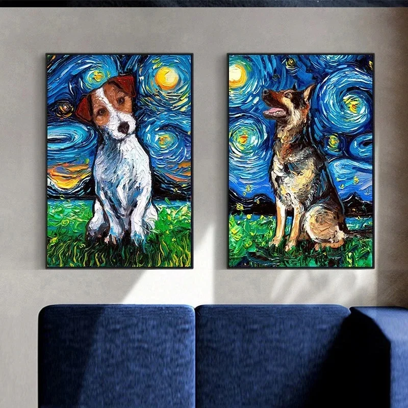 Abstract Art Starry Night Dogs Canvas Oil Painting Van Gogh's Dog Under The Starry Sky Posters Wall Art Pictures  Wall Decor