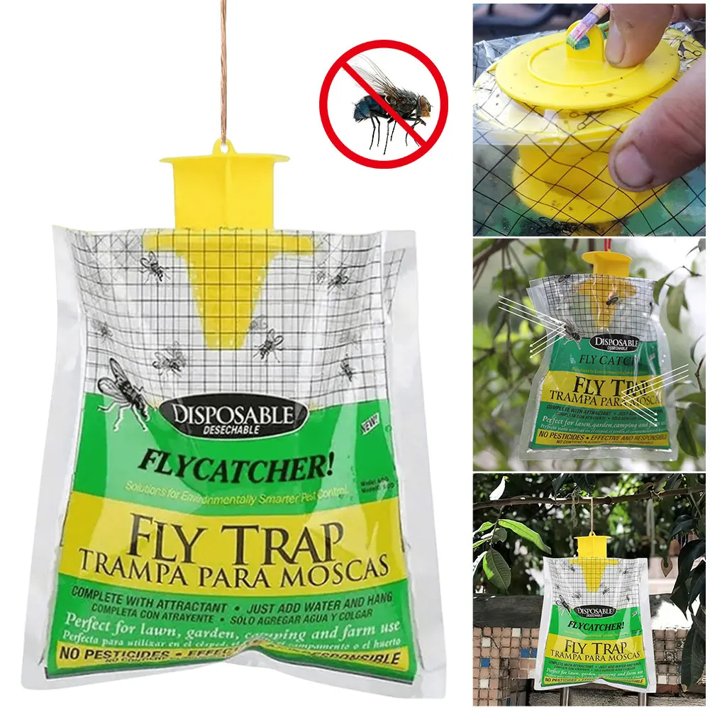 Hanging Fly Trap Bag with Fly Bait Disposable Flies Trap Non-Toxic Mosquito Trap Catcher Fly Wasp Insect Bug Killer for Outdoor