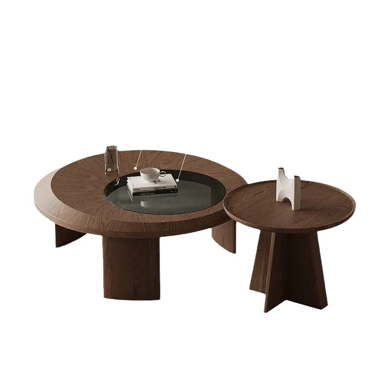 

Modern simple living room household size round coffee table combination walnut leather tempered glass smoke color coffee table