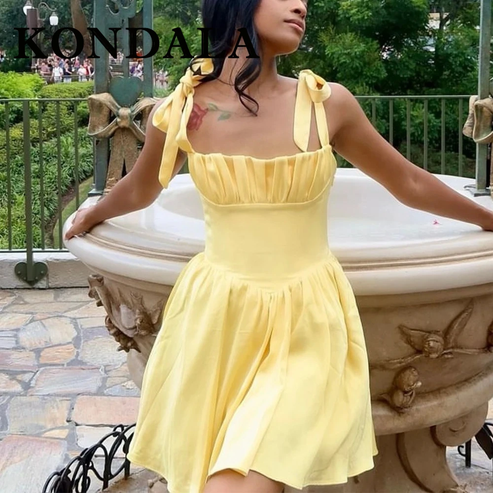KONDALA Elegancka Damska Francuska Słodka Żółta Sukienka z Drapowaniem, Sukienka Mini na Urodziny z Odkrytymi Plecami, Sznurowana Moda 2025 Lato Mujer Vestidos