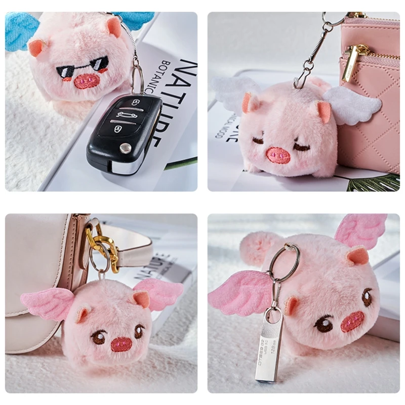 Tail Wagging Flying Pig Plush Keychain Backpack Hanging Ornament Stuffed Animal Key Ring Novelty Purse Car Key Pendant