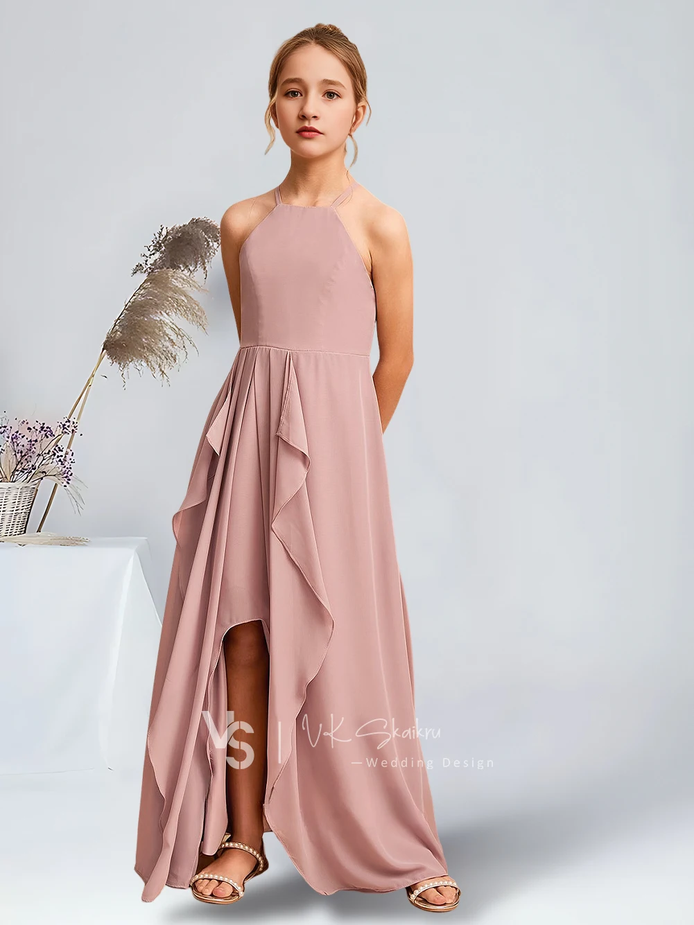 Robe de Demoiselle d'Honneur Trapèze en Mousseline de Soie, Tenue Élégante, Longueur au Sol, Rose Poussiéreux, Magnifique, pour ixde Mariage, pour Enfant