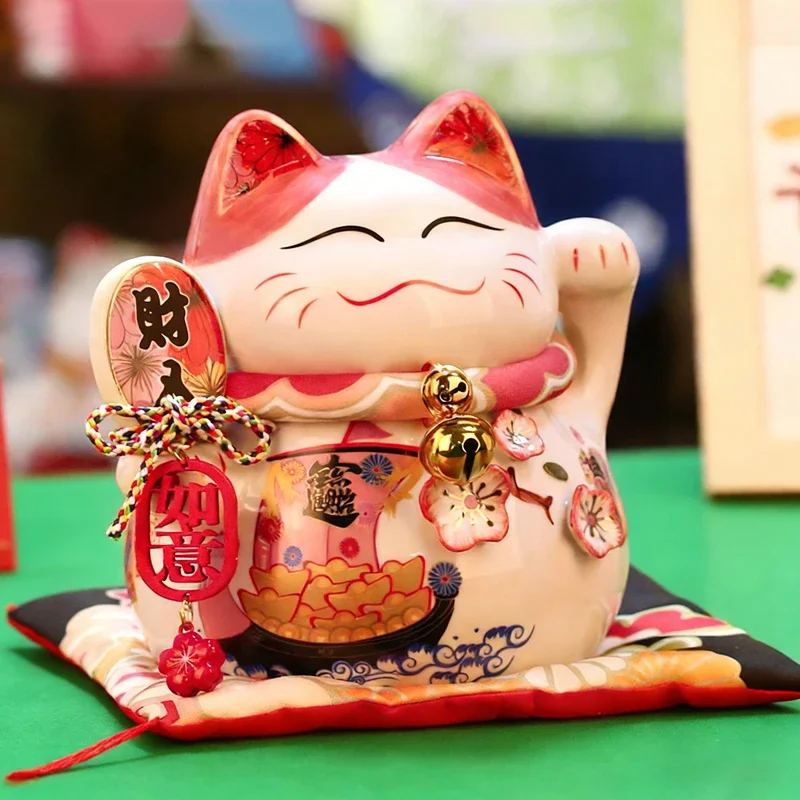 Ceramic Lucky Cat Money Bank with Cushion & Gift Box, Japanese Maneki Neko Feng Shui Decoration Fortune Cat Business Gift