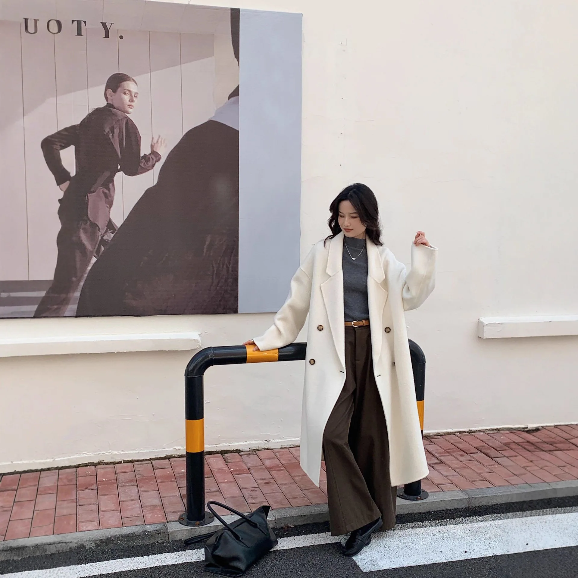 

High-end Korean Cocoon-shaped Double-sided Wool Coat Long Woolen Coat Hand-sewn 100% Wool