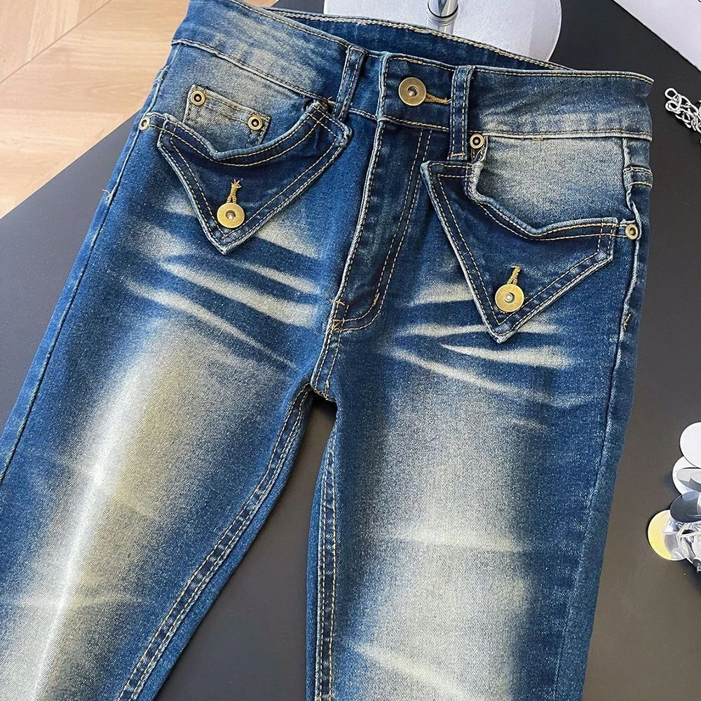 Vintage Gradient Washed Denim Pants for Women Triangle Pocket Decor Slim Flared Jeans Y2K Streetwear Fashion Bootcut Jeans