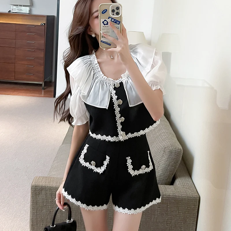 

Small Fragrance Fashion Elegant Two Pieces Set Sweet Chiffon Ruffles Splicing Tweed Crop Tops + High Waist Shorts Women's Suit