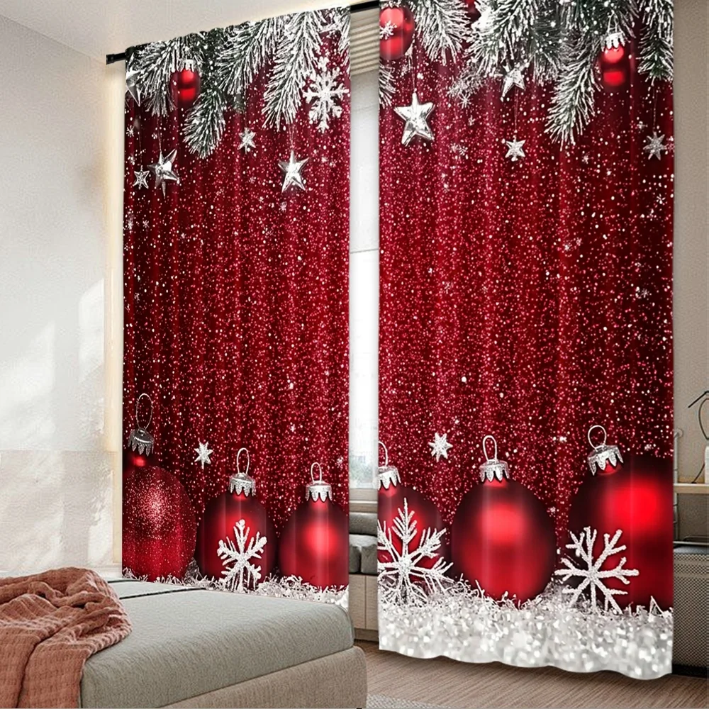 2D-Flachdruck, 2 Stück, Weihnachtsvorhänge, weihnachtliche rote Kugel, digital bedruckte Polyester-Vorhänge, Geburtstagsfeier, perfekt für Partys
