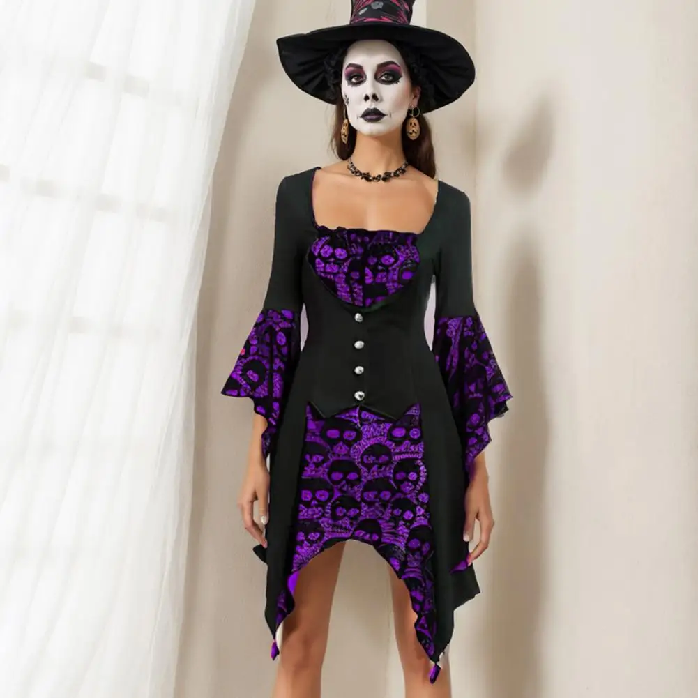 

Performance Dress Medieval Skull Pattern Lace Halloween Cosplay Dress with Irregular Cuff Low-cut Button Decor Women's Vintage