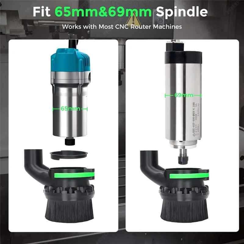 AWAH voor CNC-routermachine stofschoen 65 mm en 69 mm diameter, dubbele borstellengtes, 38 mm (1,5 inch) slangcompatibiliteit