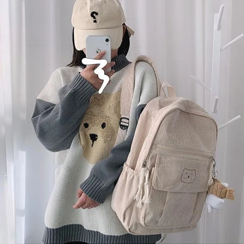 Corduroy Women Backpack Bear Printed Simple Solid Color Female Teens Schoolbag Girl Travel Shoulder Backpack Korean Style