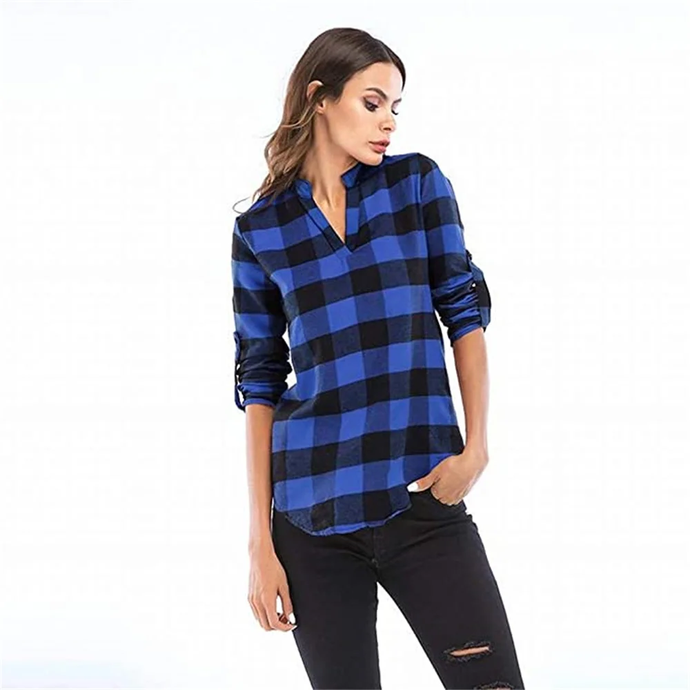 MisShow Slim Women\'s Pullover Plaid Shirts Plus Size 5XL Casual V Neck Blouse Cuffed Long Sleeve Camisas Tops Tunic Shirt