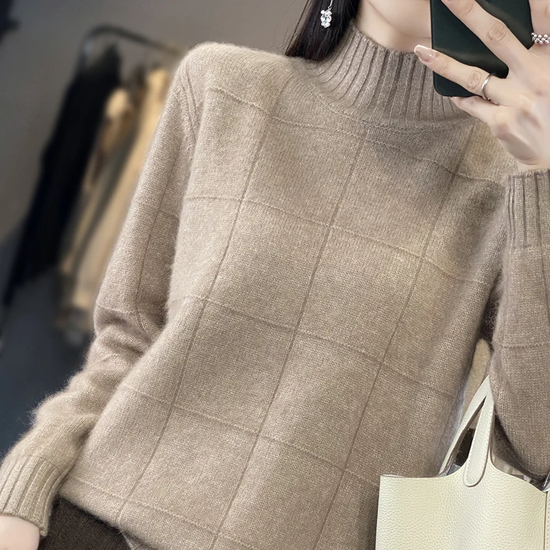 Autumn and Winter Semi-Turtleneck Women\'s Clothing 100% Mink Cashmere Sweater Women Knitted Pullover Checkered Long-Sleeved Tops