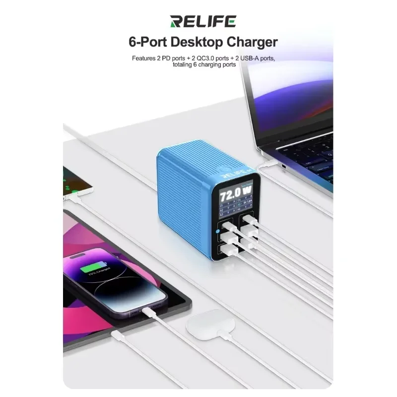 

RELIFE Q4 72W Smart 6-Port Fast Charger 2 PD Ports + 2 QC3.0 Ports + 2 USB-A Smart Sleep Mode for Various Electronic Devices