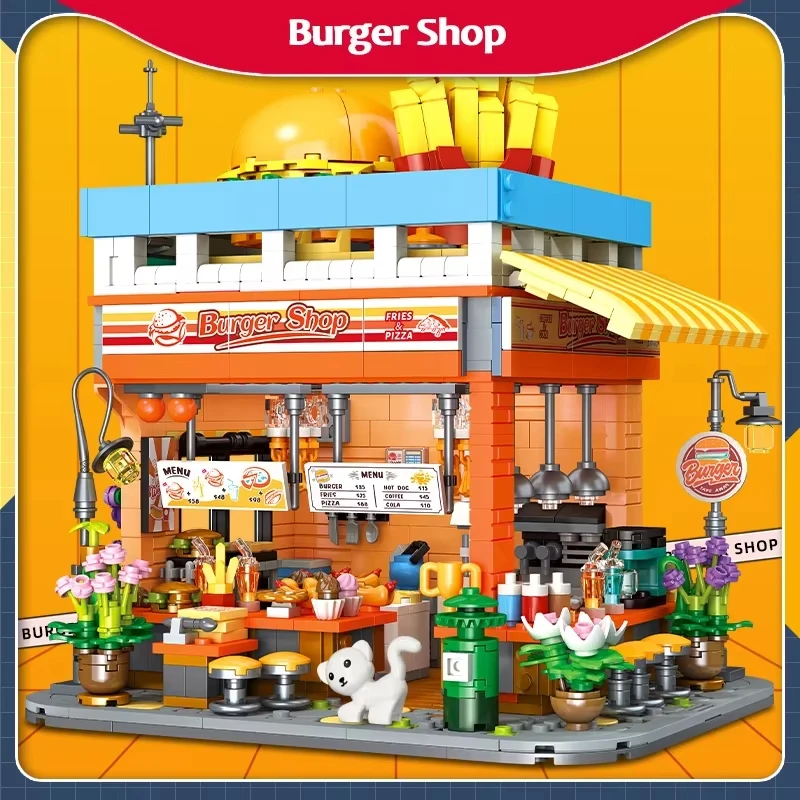 1727Pcs Creative Street View Burger Shop Building Blocks Kit Fast Food Restaurant House Sets Model Bricks MOC Toys Kids Gifts