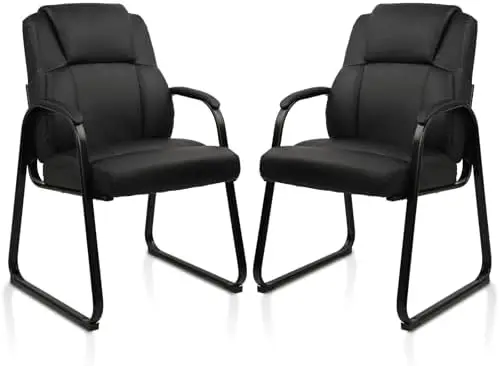 Office Guest Chair Leather Reception Chair with Bonded Padded Arm Rest and Sled Base Desk Chair No Wheels for Reception