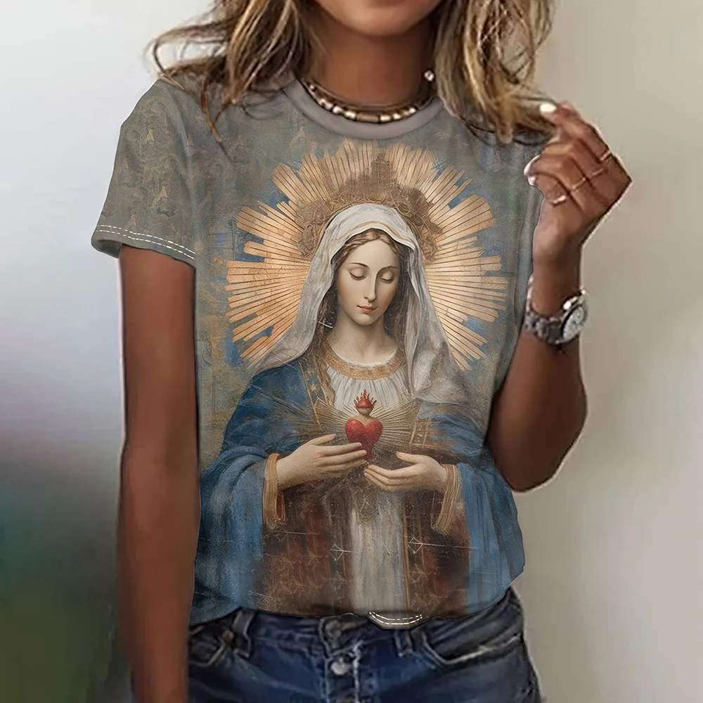 Vintage Women\'s T-shirts Crucifix Pattern Print Tees Jesus Retro Tops Casual O-neck Short Sleeves Pullover Summer Loose T shirt