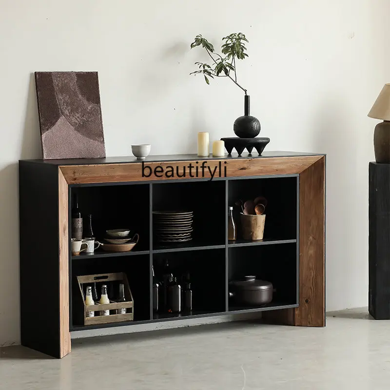 Black Solid Wood Sideboard Weathering Old Pine Oak Veneer Vintage Distressed Six-Grid Storage Cabinet