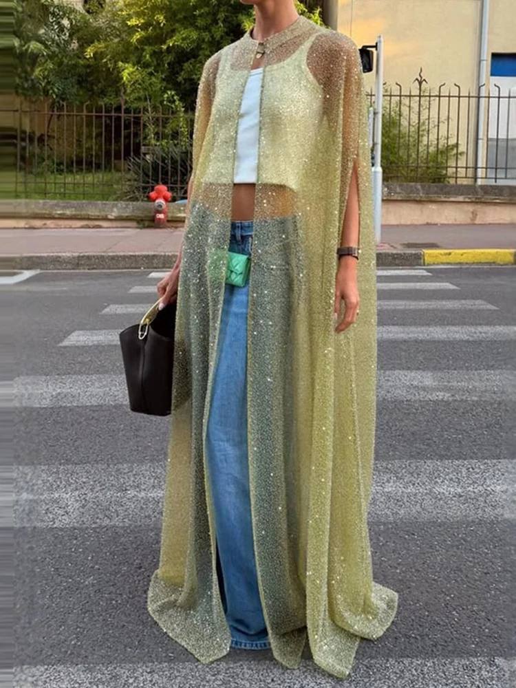 Women Stand Collar Open Front Maxi Cover‑Up Top Casual Glitter Sheer Long Cape Cardigan Autumn Long Sleeve See Through Outerwear