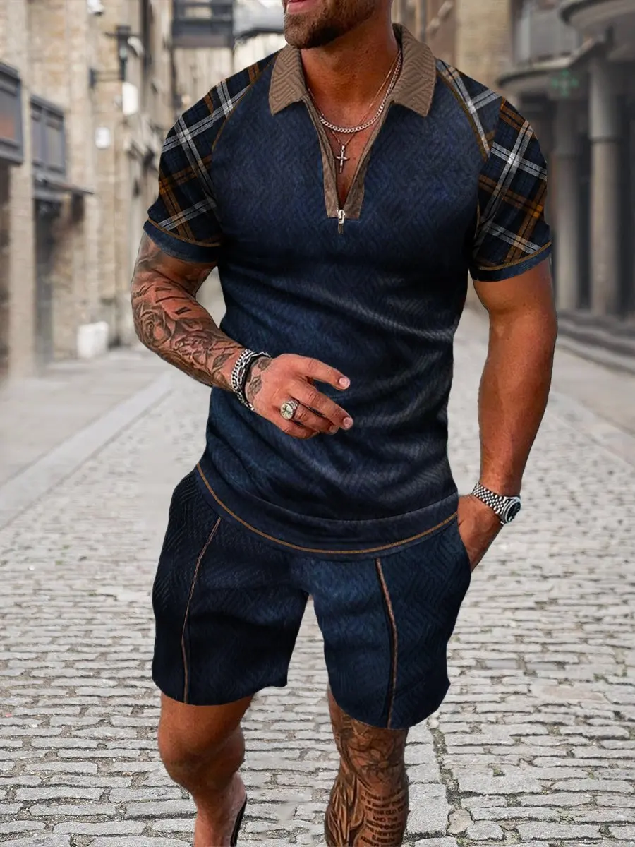 2023 neue Sommer Herren Shorts Set Kurzarm Reiß verschluss Polos hirt Street T-Shirt zweiteilige Casual Sportswear