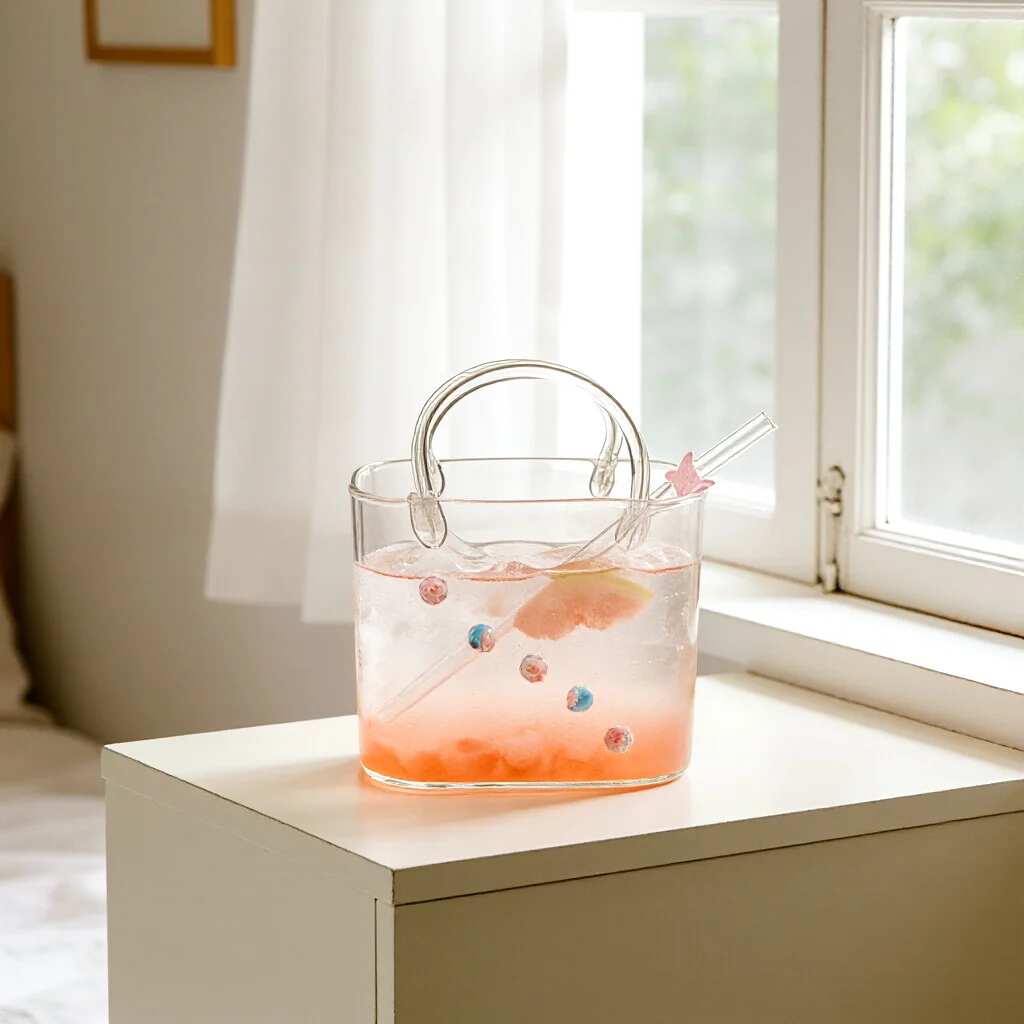 Novelty Handbag-Shaped Transparent Drinkware for Juice, Tea, Flower Arranging, Home Bar Decoration Vase Glass Purse for Drinks