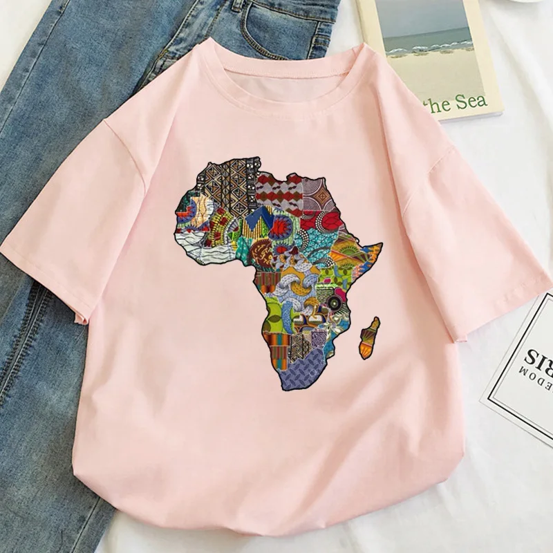 Africa Map Print Men's and Women's Pink Round Neck T-shirt Short Sleeve Summer Trend Street Oversized T Shirt Y2k Tops Harajuku